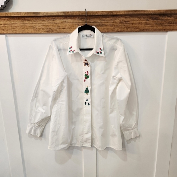 VINTAGE Peter Martin White Cotton Long sleeve Embroidered Shirt Christmas SZ10 - Picture 2 of 9